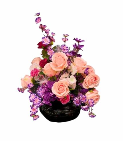 Bouquet fiori artificiali rosa assortiti con vaso